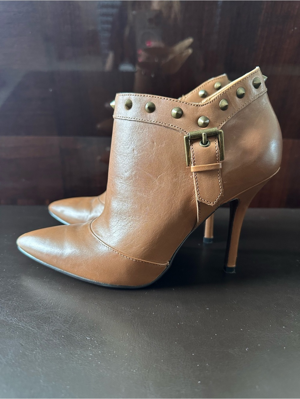 Enzo Angiolini Pointed-Toe High Heel Ankle Bootie in Brown